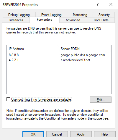 Captura de pantalla de la pestaña Reenviadores en Windows Server 2016