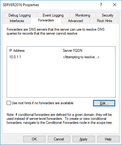 Captura de pantalla de la configuración de los Reenviadores DNS en Windows Server 2016