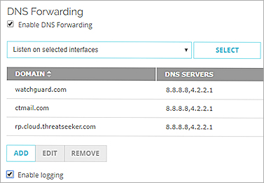 Captura de pantalla de los ajustes de Reenvío de DNS