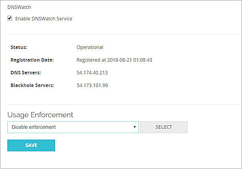 Captura de pantalla de la página de configuración de DNSWatch con Estado de Registro y Servidores DNS