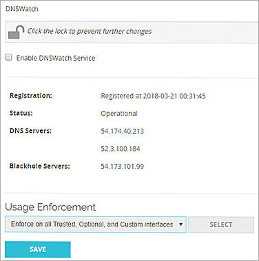 Captura de pantalla de los ajustes de configuración de DNSWatch en el Firebox