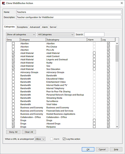 Captura de pantalla del cuadro de diálogo Nueva Configuración de WebBlocker