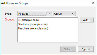 Captura de pantalla del cuadro de diálogo Agregar usuarios o grupos autorizados