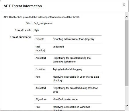 Captura de pantalla del cuadro de diálogo Información de Amenaza de APT.