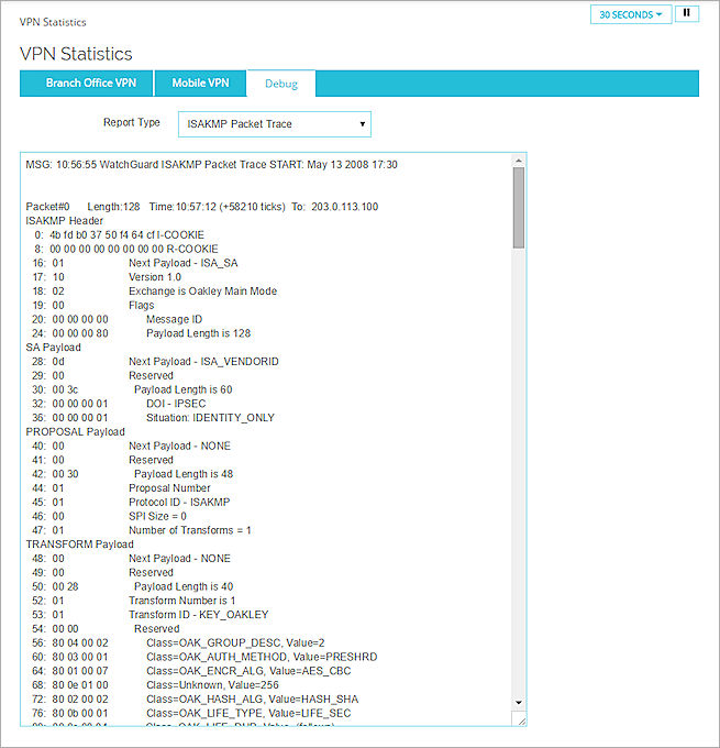 Captura de pantalla de la página Estadísticas VPN > Depuración con los resultados del informe de Rastreo de Paquetes ISAKMP