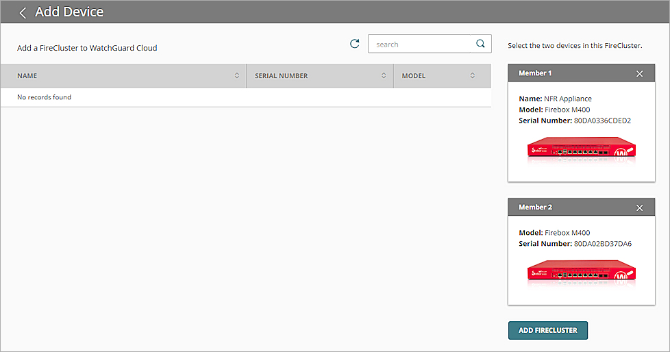 Screen shot of the Add Devices page with both clúster members selected