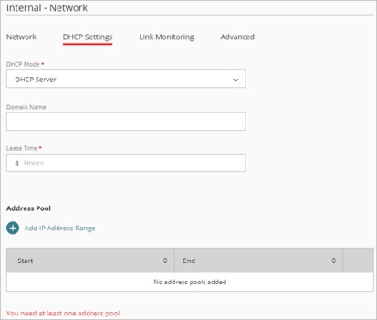 Screen shot of the DHCP settings for DHCP Server