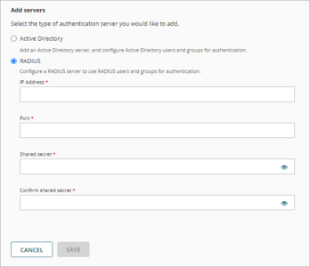Screen shot of the Add servers settings, with RADIUS selected