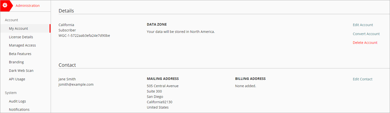 Screen shot of WatchGuard Cloud, My Account page