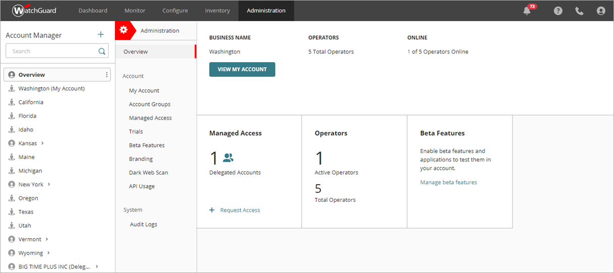 Screen shot of WatchGuard Cloud, Administration page