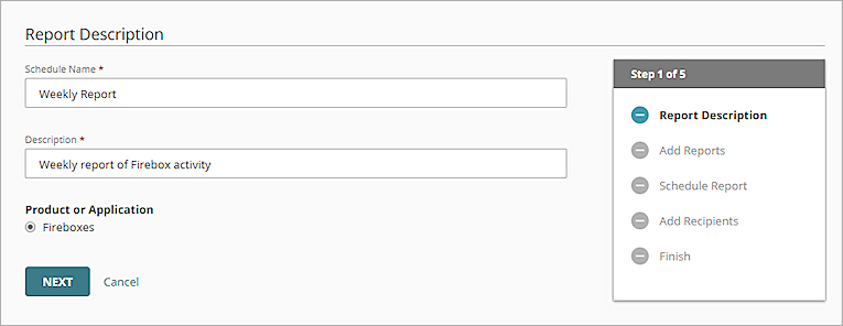 The Create Schedule wizard, Report Description step