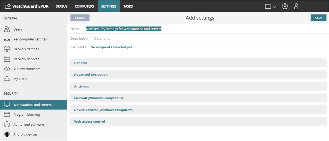 Screen shot of WatchGuard Endpoint Security, New settings profile