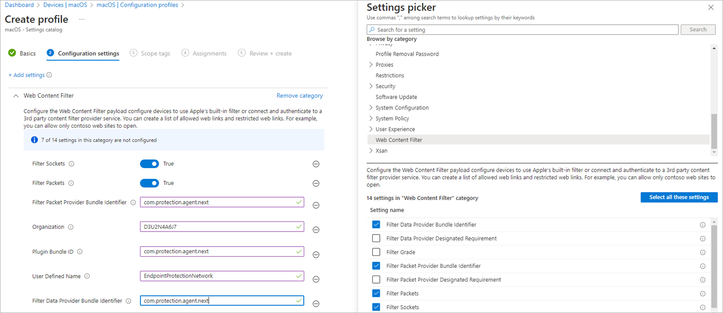 Screen shot of Intune Admin Center, Create a Profile and Settings