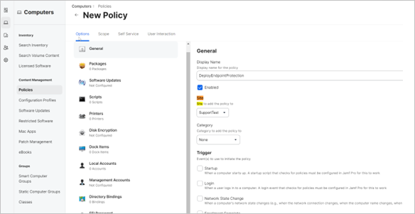 Screen shot of Jamf Pro, Computer &gt; Policies &gt; New