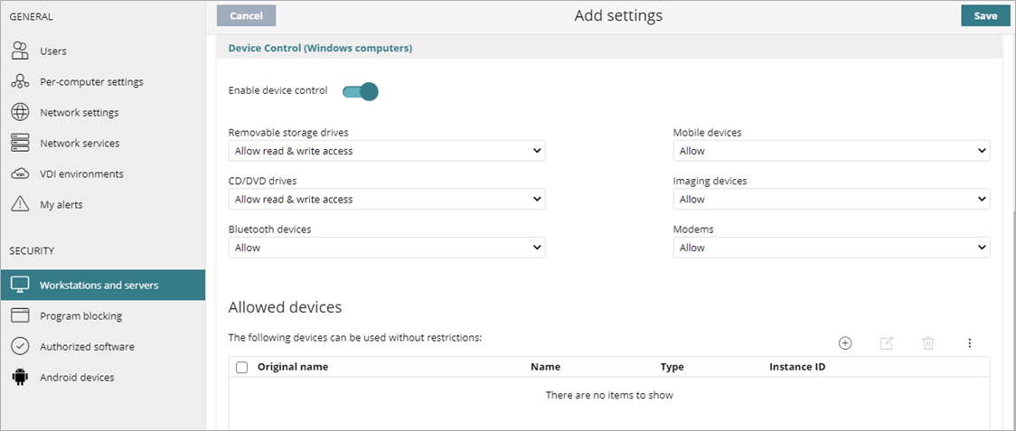Screen shot of WatchGuard Endpoint Security, Device Control settings