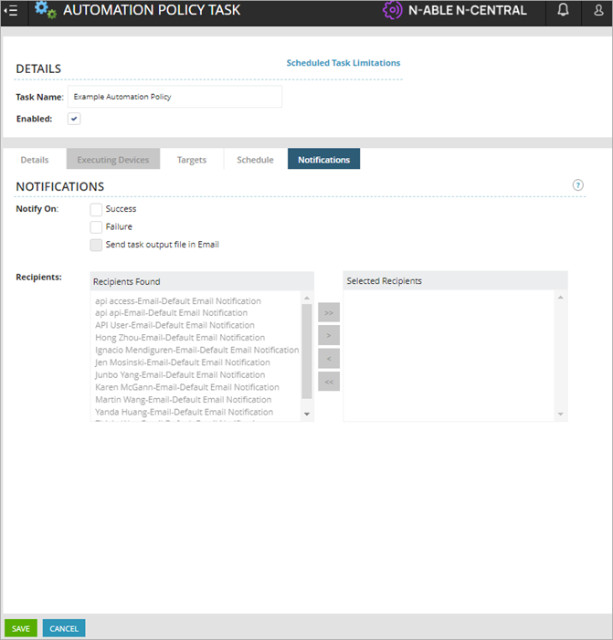 Screen shot of N-Central, Scheduled Task Limitations, Notifications