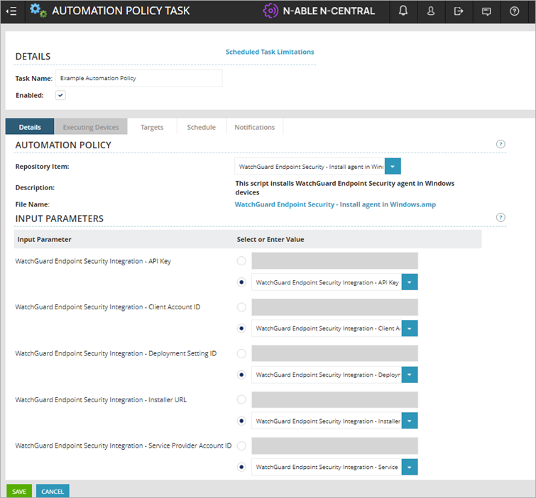 Screen shot of N-Central, Automation Policy Task