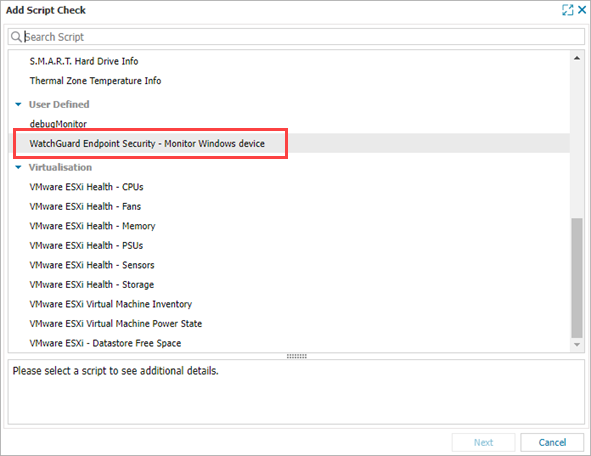 Screenshot of the Add Script Check dialog box in N-sight with the WatchGuard Endpoint Security - Monitor Windows device script highlighted