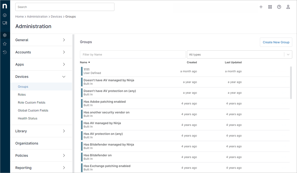 Screenshot of the Groups page in NinjaOne