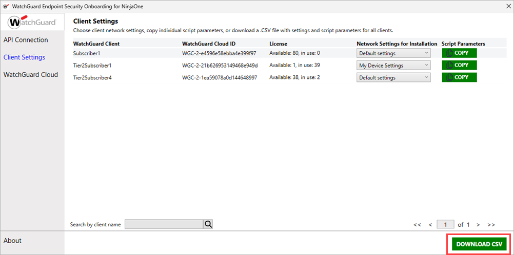 Screenshot of Client Settings page in NinjaOne Onboarding application with Download CSV button highlighted