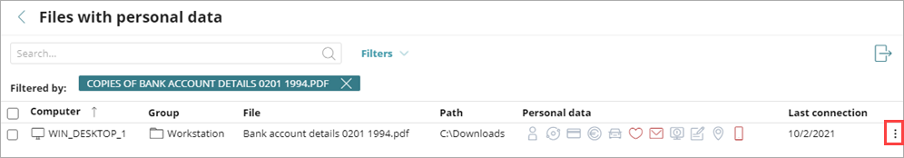 Screen shot of WatchGuard EPDR, Data Control filter list