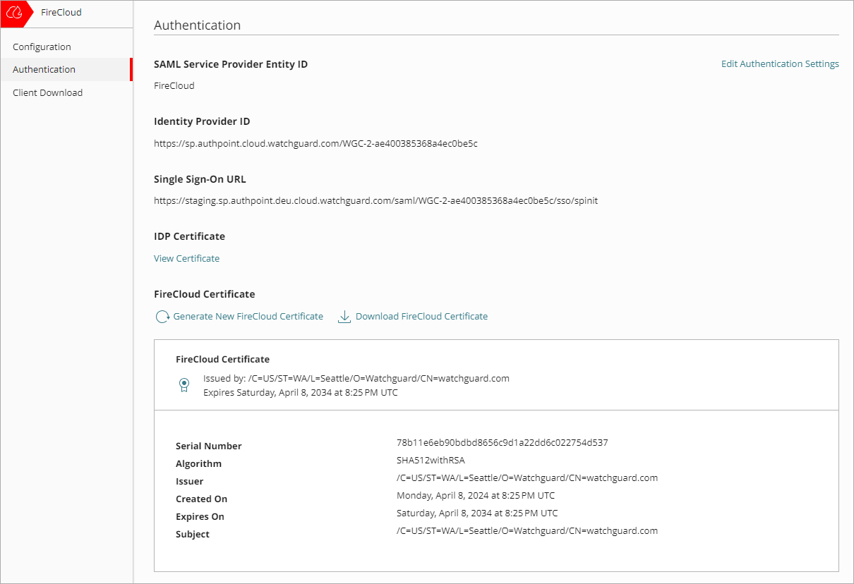 Screenshot of the FireCloud authentication page with the FireCloud certificate.