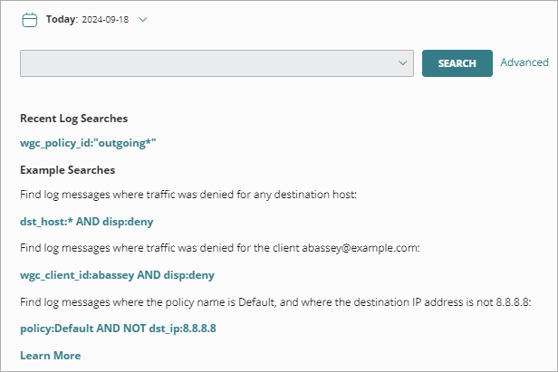 Screenshot of the FireCloud Log Search page with recent log searches and example searches