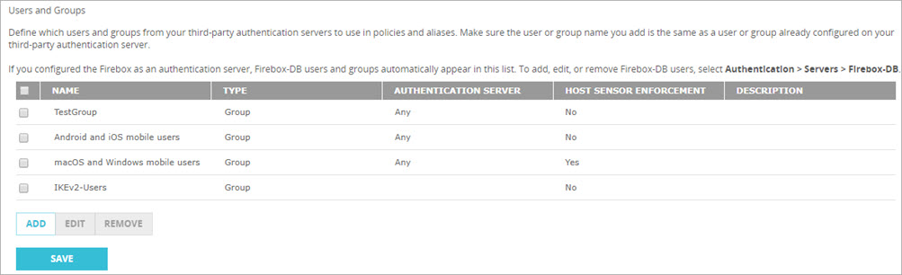 Screen shot of the Authentication Users and Groups page