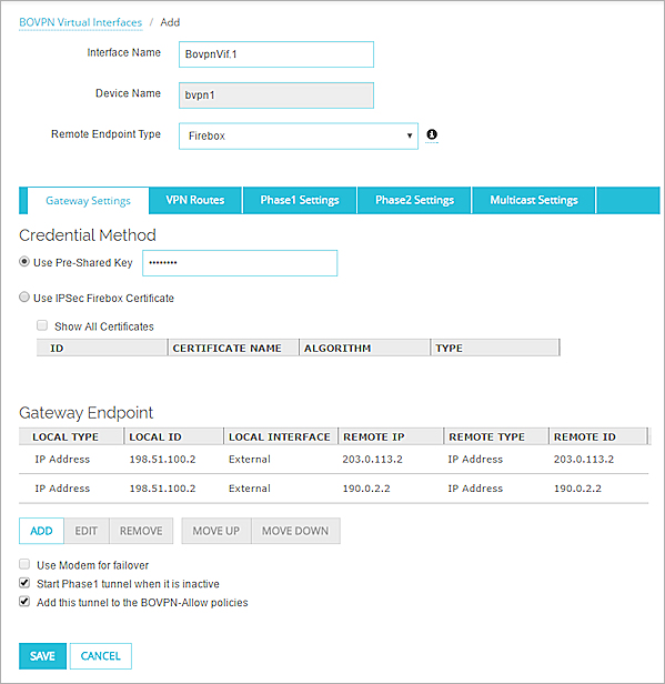 Screen shot of the BOVPN Virtual Interfaces page, Gateway Settings tab