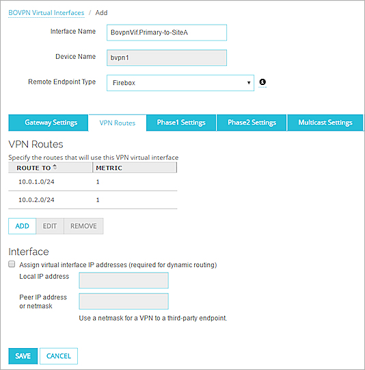 Screen shot of the VPN routes for the primary BOVPN virtual interface on the Site B device