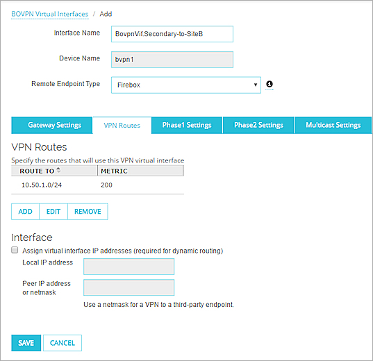 Screen shot of the VPN routes for the secondary BOVPN virtual interface on the Site A device