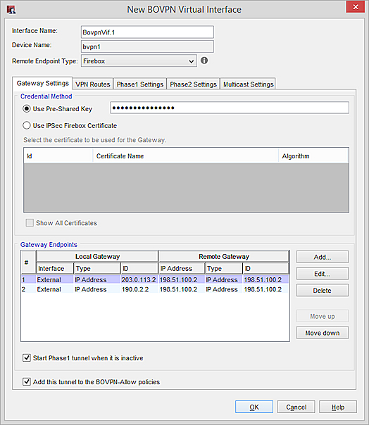 Screen shot of the New BOVPN Virtual Interface dialog box, Gateway Settings tab