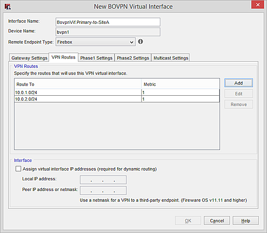 Screen shot of the VPN routes for the primary BOVPN virtual interface on the Site B device