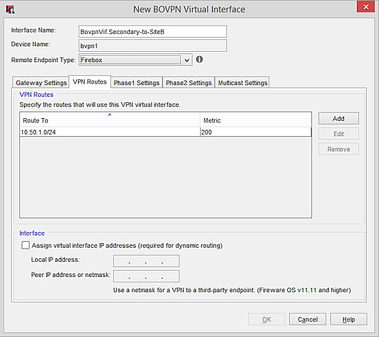 Screen shot of the VPN routes for the secondary BOVPN virtual interface on the Site A device