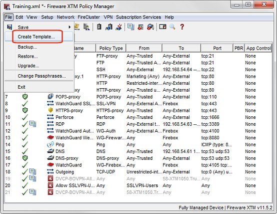 Screen shot of the Policy Manager File > Create Template option
