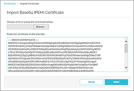 Screen shot of the Certificate Import Wizard import Base64 PEM page