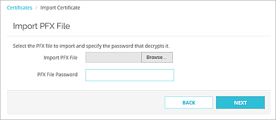 Screen shot of the Certificate Import Wizard import PFX file page