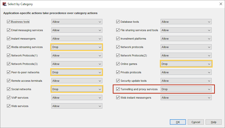 Screen shot of configured Application Control categories