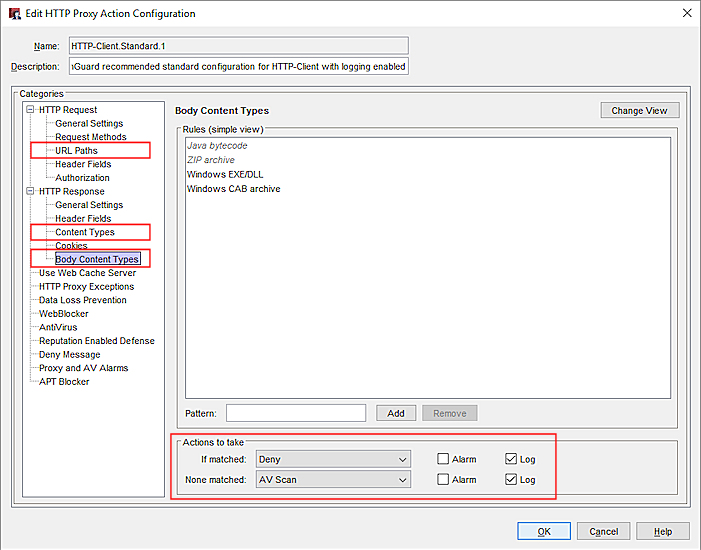 Screen shot of the HTTP Proxy Action settings