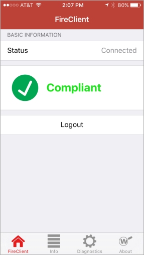 Screen shot of the FireClient app after successfull connection and compliance check