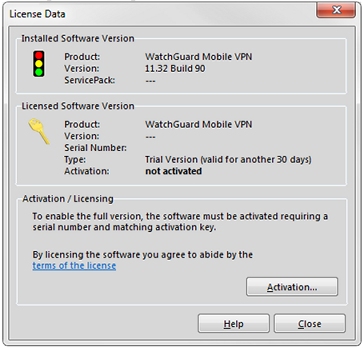 Screen shot of the License Data dialog box for a client that is not activated