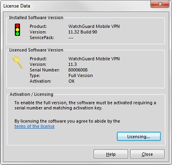 Screen shot of the License Data dialog box for an activated client