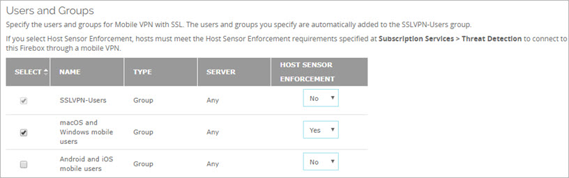 Screen shot of the Host Sensor Enforcement setting in Fireware Web UI