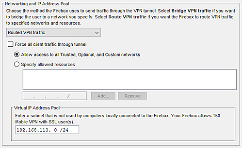 Screen shot of the Networking and IP Address Pool settings