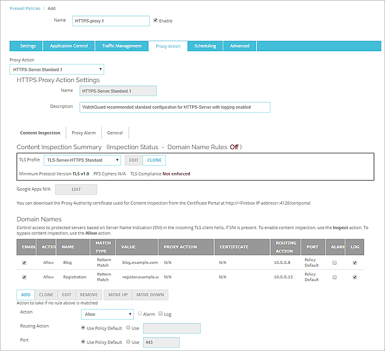 Screen shot of an HTTPS Proxy policy, Proxy Action tab with configured domain name rules