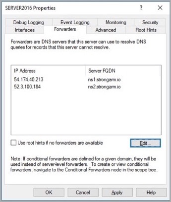Screen shot of the DNS Forwarders configuration in Windows Server 2016