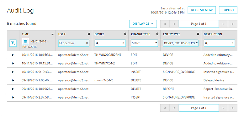 Screen shot of the Audit Log