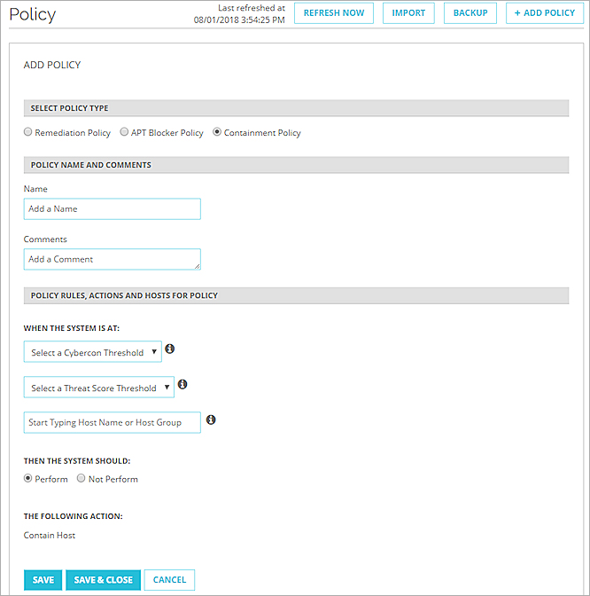 Screen shot of the Add Policy dialog box for a Containment policy