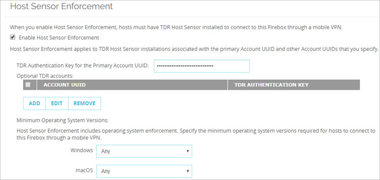 Screen shot of the Host Sensor Enforcement settings in Fireware Web UI