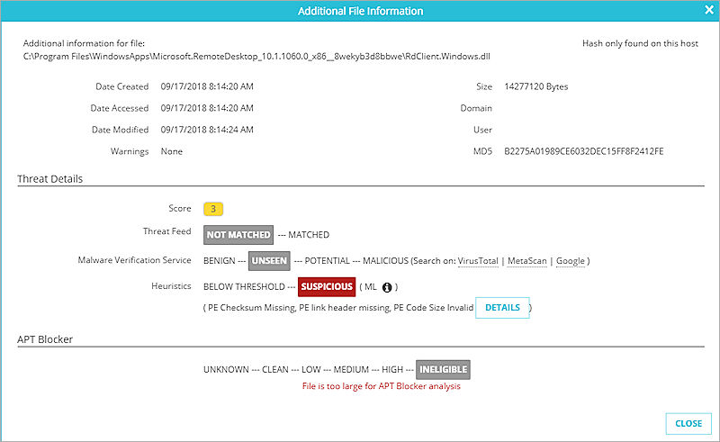 Screen shot of Threat Details for a file that is too large to upload to APT Blocker for analysis